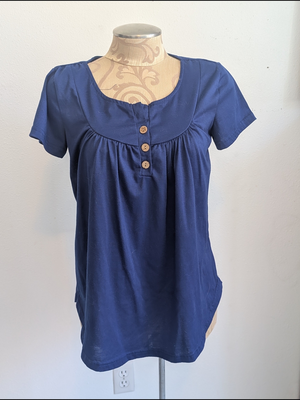 Navy Short Sleeve Scoop Neck Button Front Top